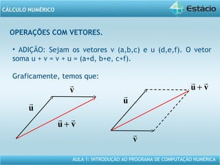 AULA 1: INTRODUÇÃO AO PROGRAMA DE COMPUTAÇÃO NUMÉRICA
CÁLCULO NUMÉRICO
OPERAÇÕES COM VETORES.
• ADIÇÃO: Sejam os vetores v (a,b,c) e u (d,e,f). O vetor
soma u + v = v + u = (a+d, b+e, c+f).
Graficamente, temos que:
v

u

vu

+
v

u

vu

+
 