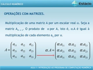 AULA 1: INTRODUÇÃO AO PROGRAMA DE COMPUTAÇÃO NUMÉRICA
CÁLCULO NUMÉRICO
OPERAÇÕES COM MATRIZES.
Multiplicação de uma matriz A por um escalar real α. Seja a
matriz Am x n. O produto de α por A, isto é, α.A é igual à
multiplicação de cada elemento aij por α.










=
333231
232221
131211
aaa
aaa
aaa
A










=
333231
232221
131211
...
...
...
.
aaa
aaa
aaa
A
ααα
ααα
ααα
α
 