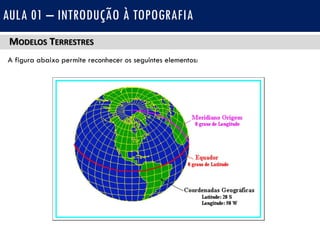 MODELOS TERRESTRES
A figura abaixo permite reconhecer os seguintes elementos:
AULA 01 – INTRODUÇÃO À TOPOGRAFIA
 