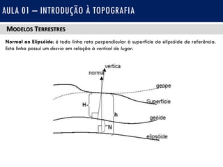 MODELOS TERRESTRES
Normal ao Elipsóide: é toda linha reta perpendicular à superfície do elipsóide de referência.
Esta linha possui um desvio em relação à vertical do lugar.
AULA 01 – INTRODUÇÃO À TOPOGRAFIA
 