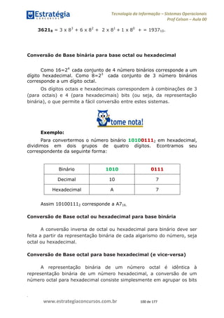.
www.estrategiaconcursos.com.br 100 de 177
Tecnologia da Informação Sistemas Operacionais
Prof Celson Aula 00
36218 = 3 x 83
+ 6 x 82
+ 2 x 81
+ 1 x 80
+ = 193710.
Conversão de Base binária para base octal ou hexadecimal
Como 16=24
cada conjunto de 4 número binários corresponde a um
dígito hexadecimal. Como 8=23
cada conjunto de 3 número binários
corresponde a um dígito octal.
Os dígitos octais e hexadecimais correspondem à combinações de 3
(para octais) e 4 (para hexadecimais) bits (ou seja, da representação
binária), o que permite a fácil conversão entre estes sistemas.
Exemplo:
Para convertermos o número binário 101001112 em hexadecimal,
dividimos em dois grupos de quatro dígitos. Econtramos seu
correspondente da seguinte forma:
Binário 1010 0111
Decimal 10 7
Hexadecimal A 7
Assim 101001112 corresponde a A716.
Conversão de Base octal ou hexadecimal para base binária
A conversão inversa de octal ou hexadecimal para binário deve ser
feita a partir da representação binária de cada algarismo do número, seja
octal ou hexadecimal.
Conversão de Base octal para base hexadecimal (e vice-versa)
A representação binária de um número octal é idêntica à
representação binária de um número hexadecimal, a conversão de um
número octal para hexadecimal consiste simplesmente em agrupar os bits
 