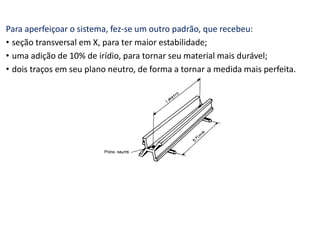 Para aperfeiçoar o sistema, fez-se um outro padrão, que recebeu:
• seção transversal em X, para ter maior estabilidade;
• uma adição de 10% de irídio, para tornar seu material mais durável;
• dois traços em seu plano neutro, de forma a tornar a medida mais perfeita.
 