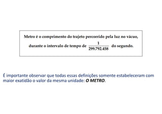 É importante observar que todas essas definições somente estabeleceram com
maior exatidão o valor da mesma unidade: O METRO.
 