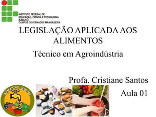 LEGISLAÇÃO APLICADAAOS
ALIMENTOS
Técnico em Agroindústria
Profa. Cristiane Santos
Aula 01
 