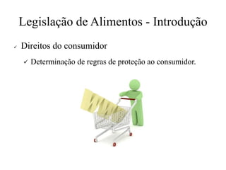 Legislação de Alimentos - Introdução
✓ Direitos do consumidor
✓ Determinação de regras de proteção ao consumidor.
 