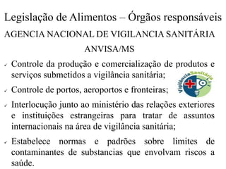 Legislação de Alimentos – Órgãos responsáveis
AGENCIA NACIONAL DE VIGILANCIA SANITÁRIA
ANVISA/MS
✓ Controle da produção e comercialização de produtos e
serviços submetidos a vigilância sanitária;
✓ Controle de portos, aeroportos e fronteiras;
✓ Interlocução junto ao ministério das relações exteriores
e instituições estrangeiras para tratar de assuntos
internacionais na área de vigilância sanitária;
✓ Estabelece normas e padrões sobre limites de
contaminantes de substancias que envolvam riscos a
saúde.
 