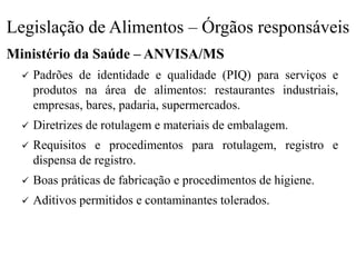Legislação de Alimentos – Órgãos responsáveis
Ministério da Saúde – ANVISA/MS
✓ Padrões de identidade e qualidade (PIQ) para serviços e
produtos na área de alimentos: restaurantes industriais,
empresas, bares, padaria, supermercados.
✓ Diretrizes de rotulagem e materiais de embalagem.
✓ Requisitos e procedimentos para rotulagem, registro e
dispensa de registro.
✓ Boas práticas de fabricação e procedimentos de higiene.
✓ Aditivos permitidos e contaminantes tolerados.
 