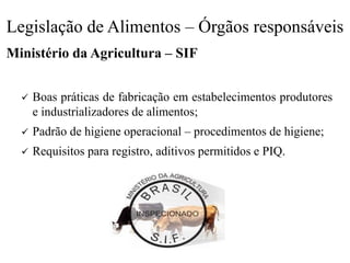 Legislação de Alimentos – Órgãos responsáveis
Ministério da Agricultura – SIF
✓ Boas práticas de fabricação em estabelecimentos produtores
e industrializadores de alimentos;
✓ Padrão de higiene operacional – procedimentos de higiene;
✓ Requisitos para registro, aditivos permitidos e PIQ.
 
