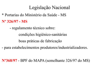 Legislação Nacional
* Portarias do Ministério da Saúde - MS
Nº 326/97 - MS
- regulamento técnico sobre:
condições higiênico-sanitárias
boas práticas de fabricação
- para estabelecimentos produtores/industrializadores.
Nº368/97 - BPF do MAPA (semelhante 326/97 do MS)
 