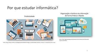 Por que estudar informática?
33
Fonte: https://www.combina.com/blog/produtividade/tecnologia-e-produtividade-entenda-a-relacao-e-a-importancia-de-uni-las/
Organização e Gerência da Informação
de Forma Prática e Rápida
Fonte: https://gestaodesegurancaprivada.com.br/sistema-de-informacao-
o-que-e-conceitos/
Produtividade
 