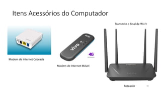 Itens Acessórios do Computador
66
Modem de Internet Cabeada
Modem de Internet Móvel
Roteador
Transmite o Sinal de Wi-FI
 