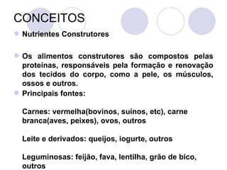 CONCEITOS
 Nutrientes Construtores
 Os alimentos construtores são compostos pelas
proteínas, responsáveis pela formação e renovação
dos tecidos do corpo, como a pele, os músculos,
ossos e outros.
 Principais fontes:
Carnes: vermelha(bovinos, suínos, etc), carne
branca(aves, peixes), ovos, outros
Leite e derivados: queijos, iogurte, outros
Leguminosas: feijão, fava, lentilha, grão de bico,
outros
 