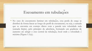 Escoamento em tubulações
• No caso do escoamento laminar em tubulações, essa perda de carga se
distribui de forma linear ao longo do perfil de escoamento, ou seja, a camada
que se encontra em contato direto com a parede tem velocidade nula
(camada limite), pelo princípio da aderência, formando um gradiente de
aumento até atingir o eixo central da tubulação, local onde a velocidade é
máxima (Figura 1.1(a)).
 