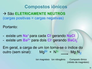  São ELETRICAMENTE NEUTROS
(cargas positivas = cargas negativas)
Portanto:
- existe um Na+ para cada Cl- gerando NaCl
- existe um Ba2+ para dois Cl- gerando BaCl2
Em geral, a carga de um íon torna-se o índice do
outro (sem sinal): Mg2+ + N3- Mg3N2
íon magnésio íon nitrogênio Composto iônico
(nitreto de magnésio)
30
Compostos iônicos
 