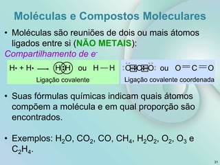 H• + H• H H ou H H O O
C ou O C O
Ligação covalente Ligação covalente coordenada
Moléculas e Compostos Moleculares
31
• Moléculas são reuniões de dois ou mais átomos
ligados entre si (NÃO METAIS):
Compartilhamento de e-
• Suas fórmulas químicas indicam quais átomos
compõem a molécula e em qual proporção são
encontrados.
• Exemplos: H2O, CO2, CO, CH4, H2O2, O2, O3 e
C2H4.
 