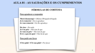 FÓRMULAS DE CORTESIA
AULA 01 - AS SAUDAÇÕES E OS CUMPRIMENTOS
Para agradecer e responder
Merci (beaucoup) = (Muito) Obrigado/obrigada
Je te remercie = Eu te agradeço
Je vous remercie = Eu lhe agradeço
De rien = De nada
Je t’en prie = Não tem de que
Je vous en prie = Não tem de que
Il n’y a pas de quoi = Não há de que
Para pedir um favor
S’il te plaît / S’il vous plaît = Por favor
6
 