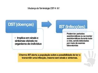 MudançadeT
erminologia:D
S
T IST
DST(doenças)
• Implica em sinaise
sintomasvisíveisno
organismodoindivíduo
IST(Infecções)
• Podemter períodos
assintomáticasousemanter
assintomáticasdurante toda
a vida, sendodetectadas
pormeio deexames
laboratoriais
Otermo ISTalerta a populaçãosobrea possibilidadede ter e
transmitir umainfecção,mesmosemsinaise sintomas.
 