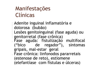 Manifestações
Clínicas
Adenite inguinal inflamatória e
dolorosa (bubão)
Lesões genitoinguinal (fase aguda) ou
genitorretal (fase crônica)
Fase aguda: fistulização multifocal
(“bico de regador”), sintomas
gripais, mal-estar geral
Fase crônica: linfonodos pararretais
(estenose de reto), estiomene
(elefantíase com fístulas e úlceras)
 