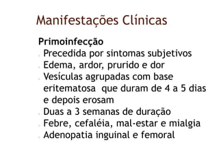 Manifestações Clínicas
Primoinfecção
Precedida por sintomas subjetivos
Edema, ardor, prurido e dor
Vesículas agrupadas com base
eritematosa que duram de 4 a 5 dias
e depois erosam
Duas a 3 semanas de duração
Febre, cefaléia, mal-estar e mialgia
Adenopatia inguinal e femoral
 