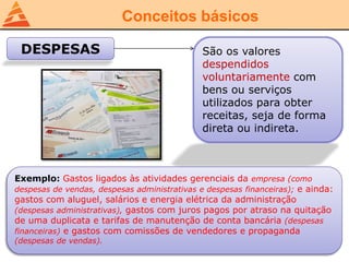 Conceitos básicos
DESPESAS São os valores
despendidos
voluntariamente com
bens ou serviços
utilizados para obter
receitas, seja de forma
direta ou indireta.
Exemplo: Gastos ligados às atividades gerenciais da empresa (como
despesas de vendas, despesas administrativas e despesas financeiras); e ainda:
gastos com aluguel, salários e energia elétrica da administração
(despesas administrativas), gastos com juros pagos por atraso na quitação
de uma duplicata e tarifas de manutenção de conta bancária (despesas
financeiras) e gastos com comissões de vendedores e propaganda
(despesas de vendas).
 