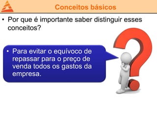 Conceitos básicos
• Por que é importante saber distinguir esses
conceitos?
• Para evitar o equívoco de
repassar para o preço de
venda todos os gastos da
empresa.
 