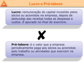 Lucro e Pró-labore
Lucro: remuneração do capital investido pelos
sócios ou acionistas na empresa, depois de
deduzidas das receitas todas as despesas e
custos. É apurado no final do exercício.
Pró-labore: é o valor que a empresa
periodicamente paga aos sócios ou acionistas
pelo trabalho ou atividades que exercem na
empresa.
 