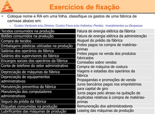 Exercícios de fixação
• Coloque nome e RA em uma folha, classifique os gastos de uma fábrica de
camisas abaixo em:
– Custos Variáveis e/ou Diretos; Custos Fixos e/ou Indiretos; Perdas; Investimentos ou Despesas
Tecidos consumidos na produção
Botões consumidos na produção
Compra de tecidos
Embalagens plásticas utilizadas na produção
Salários dos operários da fábrica
Salários dos supervisores da fábrica
Encargos sociais dos operários da fábrica
Conta de telefone do setor administrativo
Depreciação de máquinas da fábrica
Depreciação de equipamentos
administrativos
Manutenção preventiva da fábrica
Manutenção dos computadores
administrativos
Seguro do prédio da fábrica
Etiquetas consumidas na produção
Lubrificantes das máquinas de produção
Fatura de energia elétrica da fábrica
Fatura de energia elétrica da administração
Aluguel do prédio da fábrica
Fretes pagos na compra de matérias-
primas
Fretes pagos na venda dos produtos
fabricados
Comissões sobre vendas
Compra de máquina de costura
Viagens e estadias dos operários da
fábrica
Propagandas e promoções de venda
Juros bancários pagos nos empréstimos
para capital de giro
Juros pagos pelo atraso na quitação de
duplicatas relativas à compra de matérias-
primas
Remuneração dos administradores
Leasing das máquinas da produção
 