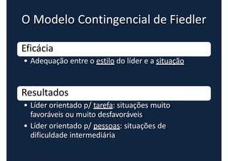 O Modelo Contingencial de Fiedler
Eficácia
• Adequação entre o estilo do líder e a situação
Resultados
• Líder orientado p/ tarefa: situações muito
favoráveis ou muito desfavoráveis
• Líder orientado p/ pessoas: situações de
dificuldade intermediária
 