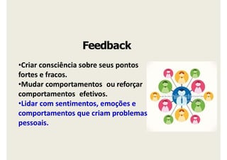 Feedback
•Criar consciência sobre seus pontos
fortes e fracos.
•Mudar comportamentos ou reforçar
comportamentos efetivos.
•Lidar com sentimentos, emoções e
comportamentos que criam problemas
pessoais.
 