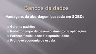 Vantagens da abordagem baseada em SGBDs
 Garante padrões
 Reduz o tempo de desenvolvimento de aplicações
 Fornece flexibilidade e disponibilidade
 Promove economia de escala
 