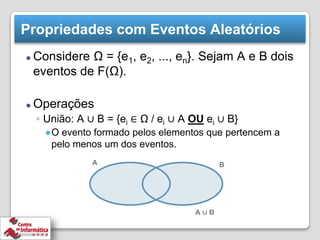 Propriedades com Eventos Aleatórios
⚫ Considere Ω = {e1, e2, ..., en}. Sejam A e B dois
eventos de F(Ω).
⚫ Operações
◦ União: A ∪ B = {ei ∈ Ω / ei ∪ A OU ei ∪ B}
●O evento formado pelos elementos que pertencem a
pelo menos um dos eventos.
B
A
A ∪ B
 