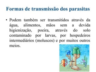 Formas de transmissão dos parasitas
• Podem também ser transmitidos através da
água, alimentos, mãos sem
através
a devida
do solo
higienização, poeira,
contaminado por larvas, por hospedeiros
intermediários (moluscos) e por muitos outros
meios.
 