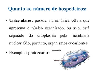 Quanto ao número de hospedeiros:
• Unicelulares: possuem uma única célula que
apresenta o núcleo organizado, ou seja, está
separado do citoplasma pela membrana
nuclear. São, portanto, organismos eucariontes.
• Exemplos: protozoários
 