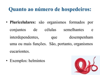 Quanto ao número de hospedeiros:
conjuntos de
• Pluricelulares: são organismos formados por
e
interdependentes,
células semelhantes
que desempenham
uma ou mais funções. São, portanto, organismos
eucariontes.
• Exemplos: helmintos
 