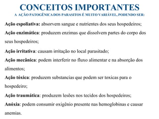 CONCEITOS IMPORTANTES
A AÇÃO PATOGÊNICADOS PARASITOS É MUITO VARIÁVEL, PODENDO SER:
Ação espoliativa: absorvem sangue e nutrientes dos seus hospedeiros;
Ação enzimática: produzem enzimas que dissolvem partes do corpo dos
seus hospedeiros;
Ação irritativa: causam irritação no local parasitado;
Ação mecânica: podem interferir no fluxo alimentar e na absorção dos
alimentos;
Ação tóxica: produzem substancias que podem ser toxicas para o
hospedeiro;
Ação traumática: produzem lesões nos tecidos dos hospedeiros;
Anóxia: podem consumir oxigênio presente nas hemoglobinas e causar
anemias.
 