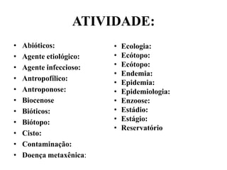 ATIVIDADE:
• Abióticos:
• Agente etiológico:
• Agente infeccioso:
• Antropofílico:
• Antroponose:
• Biocenose
• Bióticos:
• Biótopo:
• Cisto:
• Contaminação:
• Doença metaxênica:
• Ecologia:
• Ecótopo:
• Ecótopo:
• Endemia:
• Epidemia:
• Epidemiologia:
• Enzoose:
• Estádio:
• Estágio:
• Reservatório
 