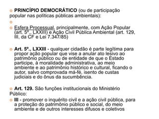 PRINCÍPIO DEMOCRÁTICO (ou de participação
popular nas políticas públicas ambientais):

 Esfera Processual, principalmente, com Ação Popular
(art. 5º., LXXIII) e Ação Civil Pública Ambiental (art. 129,
III, da CF e Lei 7.347/85)
 Art. 5º., LXXIII - qualquer cidadão é parte legítima para
propor ação popular que vise a anular ato lesivo ao
patrimônio público ou de entidade de que o Estado
participe, à moralidade administrativa, ao meio
ambiente e ao patrimônio histórico e cultural, ficando o
autor, salvo comprovada má-fé, isento de custas
judiciais e do ônus da sucumbência.
 Art. 129. São funções institucionais do Ministério
Público:
 III - promover o inquérito civil e a ação civil pública, para
a proteção do patrimônio público e social, do meio
ambiente e de outros interesses difusos e coletivos
 