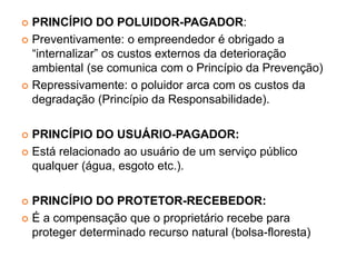 PRINCÍPIO DO POLUIDOR-PAGADOR:
 Preventivamente: o empreendedor é obrigado a
“internalizar” os custos externos da deterioração
ambiental (se comunica com o Princípio da Prevenção)
 Repressivamente: o poluidor arca com os custos da
degradação (Princípio da Responsabilidade).
 PRINCÍPIO DO USUÁRIO-PAGADOR:
 Está relacionado ao usuário de um serviço público
qualquer (água, esgoto etc.).
 PRINCÍPIO DO PROTETOR-RECEBEDOR:
 É a compensação que o proprietário recebe para
proteger determinado recurso natural (bolsa-floresta)
 