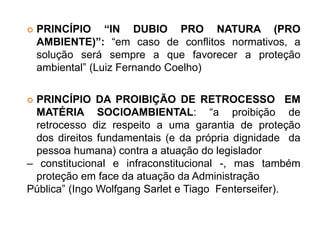  PRINCÍPIO “IN DUBIO PRO NATURA (PRO
AMBIENTE)”: “em caso de conflitos normativos, a
solução será sempre a que favorecer a proteção
ambiental” (Luiz Fernando Coelho)
 PRINCÍPIO DA PROIBIÇÃO DE RETROCESSO EM
MATÉRIA SOCIOAMBIENTAL: “a proibição de
retrocesso diz respeito a uma garantia de proteção
dos direitos fundamentais (e da própria dignidade da
pessoa humana) contra a atuação do legislador
– constitucional e infraconstitucional -, mas também
proteção em face da atuação da Administração
Pública” (Ingo Wolfgang Sarlet e Tiago Fenterseifer).
 