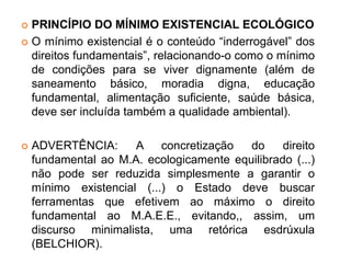  PRINCÍPIO DO MÍNIMO EXISTENCIAL ECOLÓGICO
 O mínimo existencial é o conteúdo “inderrogável” dos
direitos fundamentais”, relacionando-o como o mínimo
de condições para se viver dignamente (além de
saneamento básico, moradia digna, educação
fundamental, alimentação suficiente, saúde básica,
deve ser incluída também a qualidade ambiental).
 ADVERTÊNCIA: A concretização do direito
fundamental ao M.A. ecologicamente equilibrado (...)
não pode ser reduzida simplesmente a garantir o
mínimo existencial (...) o Estado deve buscar
ferramentas que efetivem ao máximo o direito
fundamental ao M.A.E.E., evitando,, assim, um
discurso minimalista, uma retórica esdrúxula
(BELCHIOR).
 