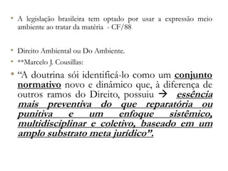 • A legislação brasileira tem optado por usar a expressão meio
ambiente ao tratar da matéria - CF/88
• Direito Ambiental ou Do Ambiente.
• **Marcelo J. Cousillas:
• “A doutrina sói identificá-lo como um conjunto
normativo novo e dinâmico que, à diferença de
outros ramos do Direito, possuiu  essência
mais preventiva do que reparatória ou
punitiva e um enfoque sistêmico,
multidisciplinar e coletivo, baseado em um
amplo substrato meta jurídico”.
 