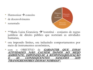 • Harmonizar  conceito
• de desenvolvimento
• sustentado
• **Maria Luiza Granziera “constitui - conjunto de regras
jurídicas de direito público que norteiam as atividades
humanas,
• ora impondo limites, ora induzindo comportamentos por
meio de instrumentos econômicos,
• com o OBJETIVO de GARANTIR QUE ESSAS
ATIVIDADES NÃO CAUSEM DANOS AO MEIO
AMBIENTE, IMPONDO-SE A RESPONSABILIZAÇÃO
E AS CONSEQÜENTES SANÇÕES AOS
TRANSGRESSORES DESSAS NORMAS”.
Dimensão
ecológica
Dimensão
econômica
Dimens
ão
humana
 