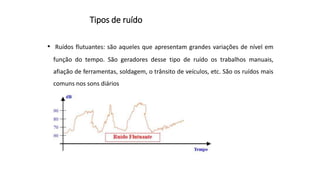 Tipos de ruído
• Ruídos flutuantes: são aqueles que apresentam grandes variações de nível em
função do tempo. São geradores desse tipo de ruído os trabalhos manuais,
afiação de ferramentas, soldagem, o trânsito de veículos, etc. São os ruídos mais
comuns nos sons diários
 