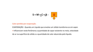 S = M + C + R - E
Calor perdido por evaporação.
EVAPORAÇÃO - Quando um Líquido que envolve um sólido transforma-se em vapor.
• Influenciam neste fenômeno a quantidade de vapor existente no meio, velocidade
do ar na superfície do sólido e a quantidade de calor absorvida pelo líquido.
 
