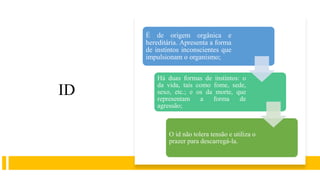 ID
É de origem orgânica e
hereditária. Apresenta a forma
de instintos inconscientes que
impulsionam o organismo;
Há duas formas de instintos: o
da vida, tais como fome, sede,
sexo, etc.; e os da morte, que
representam a forma de
agressão;
O id não tolera tensão e utiliza o
prazer para descarregá-la.
 