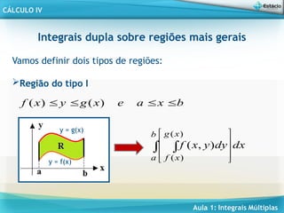 Aula 1: Integrais Múltiplas
CÁLCULO IV
Integrais dupla sobre regiões mais gerais
Vamos definir dois tipos de regiões:
Região do tipo I
b
x
a
e
x
g
y
x
f 


 )
(
)
(
y = f(x)
y = g(x)
dx
dy
y
x
f
b
a
x
g
x
f
 







 )
(
)
(
)
,
(
 