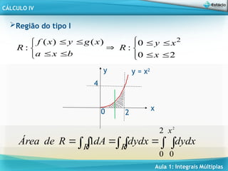 Aula 1: Integrais Múltiplas
CÁLCULO IV
2
4
0
y = x2
x
y
Região do tipo I

















2
0
0
:
)
(
)
(
:
2
x
x
y
R
b
x
a
x
g
y
x
f
R
 

 


2
0 0
2
1
x
R
R
dydx
dydx
dA
R
de
Área
 