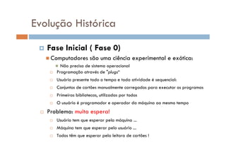  Fase Inicial ( Fase 0)
 Computadores são uma ciência experimental e exótica:
 Não precisa de sistema operacional
 Programação através de "plugs“
 Usuário presente todo o tempo e toda atividade é sequencial:
 Conjuntos de cartões manualmente carregados para executar os programas
 Primeiras bibliotecas, utilizadas por todos
 O usuário é programador e operador da máquina ao mesmo tempo
 Problema: muita espera!
 Usuário tem que esperar pela máquina ...
 Máquina tem que esperar pelo usuário ...
 Todos têm que esperar pela leitora de cartões !
Evolução Histórica
 