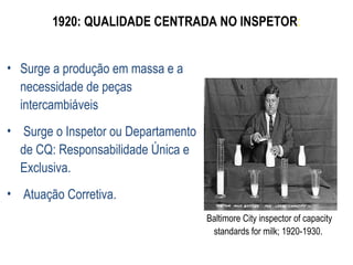 1920: QUALIDADE CENTRADA NO INSPETOR:
Baltimore City inspector of capacity
standards for milk; 1920-1930.
• Surge a produção em massa e a
necessidade de peças
intercambiáveis
• Surge o Inspetor ou Departamento
de CQ: Responsabilidade Única e
Exclusiva.
• Atuação Corretiva.
 