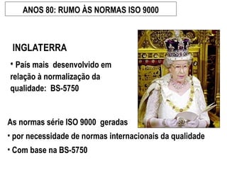 INGLATERRA
• País mais desenvolvido em
relação à normalização da
qualidade: BS-5750
ANOS 80: RUMO ÀS NORMAS ISO 9000
As normas série ISO 9000 geradas
• por necessidade de normas internacionais da qualidade
• Com base na BS-5750
 